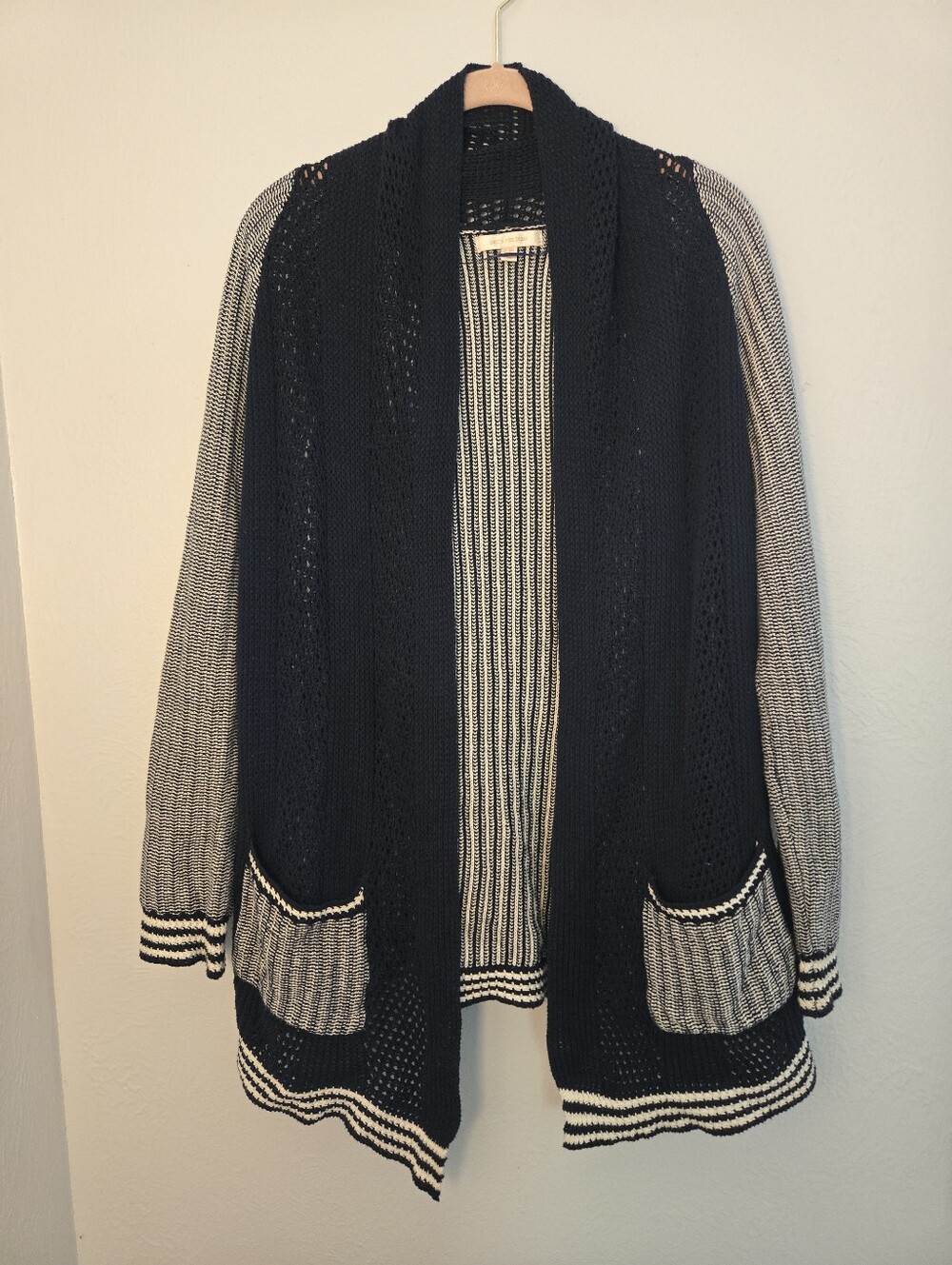 Skies Are Blue Striped Pocket Open-Front Cardigan, Navy Blue & White, Size M